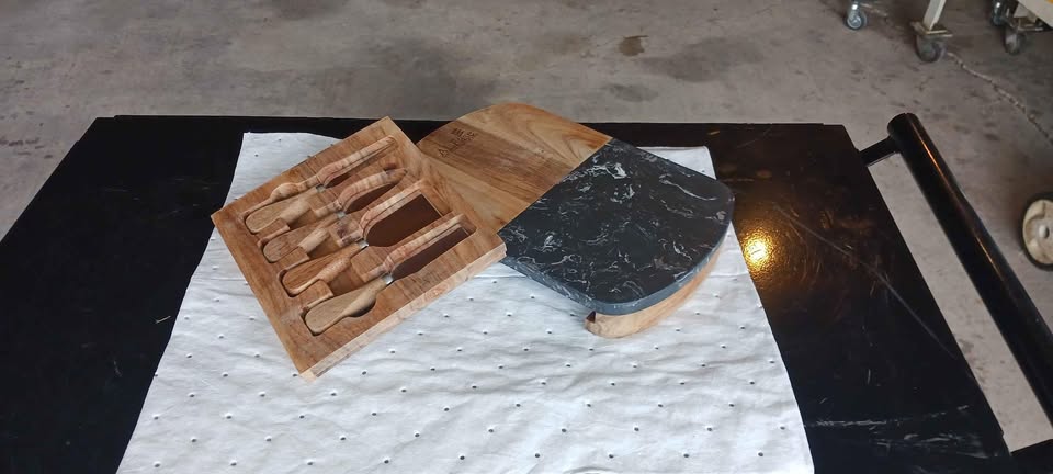 Marble Cheese Board - Acacia Wood Tray with 4-Knife Set - Marble Charcuterie Board, Black Marble Board