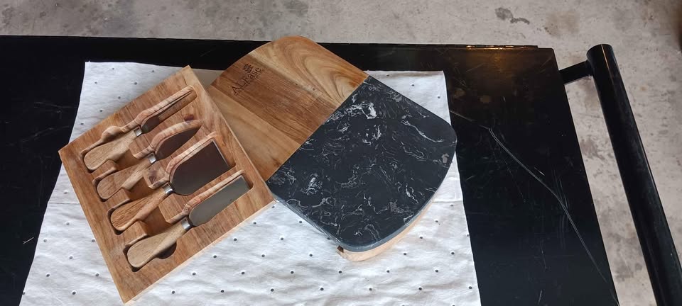 Marble Cheese Board - Acacia Wood Tray with 4-Knife Set - Marble Charcuterie Board, Black Marble Board