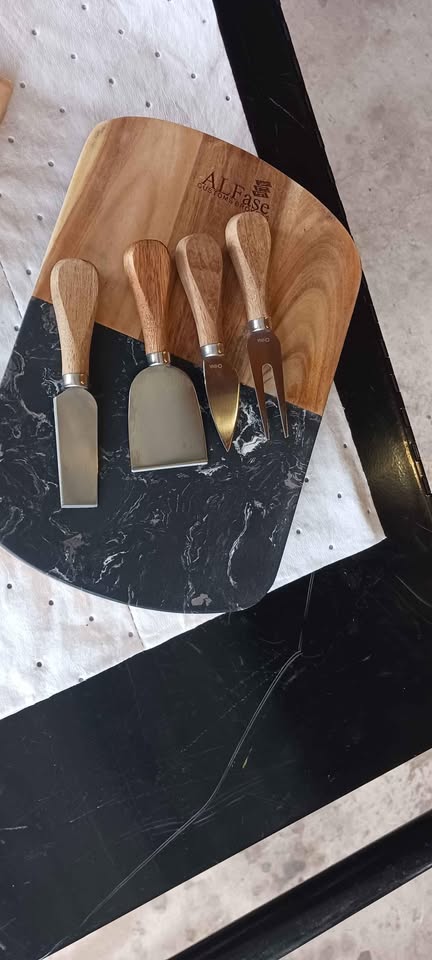 Marble Cheese Board - Acacia Wood Tray with 4-Knife Set - Marble Charcuterie Board, Black Marble Board