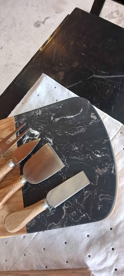 Marble Cheese Board - Acacia Wood Tray with 4-Knife Set - Marble Charcuterie Board, Black Marble Board