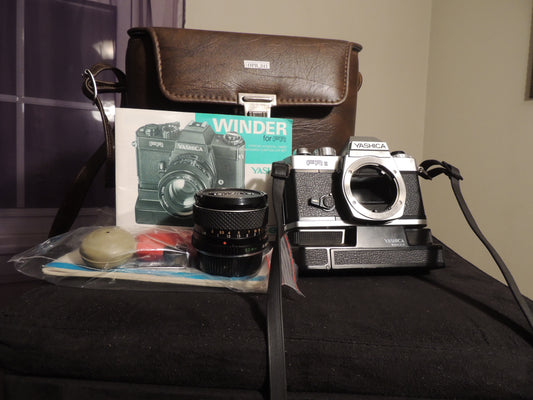Yashica FR II 35mm SLR Camera bundle, Original Lens (50mm ML f1.4), Accessories, Original Leather Case