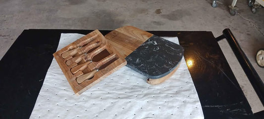 Marble Cheese Board - Acacia Wood Tray with 4-Knife Set - Marble Charcuterie Board, Black Marble Board