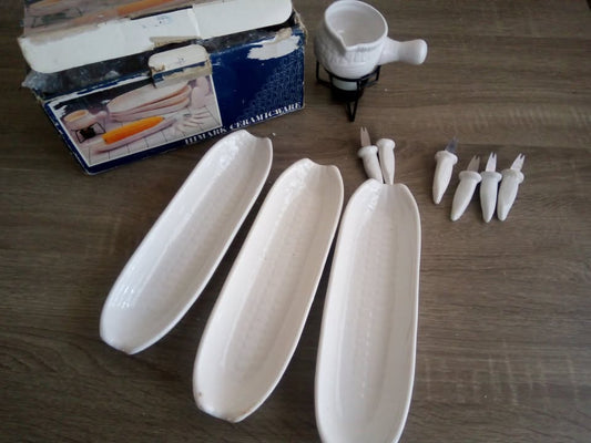 Corn Serving Set, Butter Heater Porch, All from glazed porcelain (NEW/Open Box)