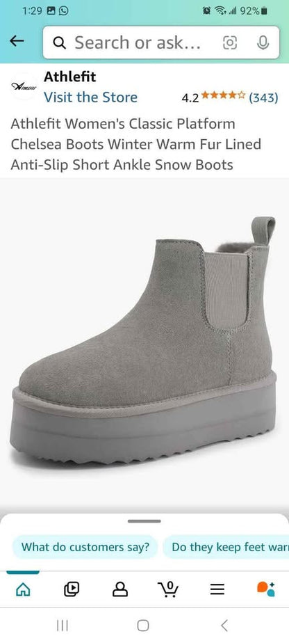 Athlefit Women's Classic Platform Chelsea Boots Winter Warm Fur Lined Anti-Slip Short Ankle Snow Boots, Size 10M